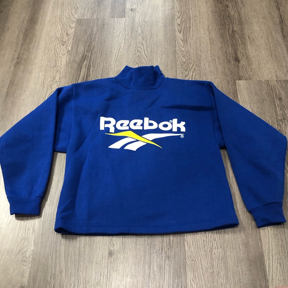 Vtg Y2K Reebok Mock Neck Sweatshirt Blue Yellow Logo Kid’s 10/12 Made‎ In USA